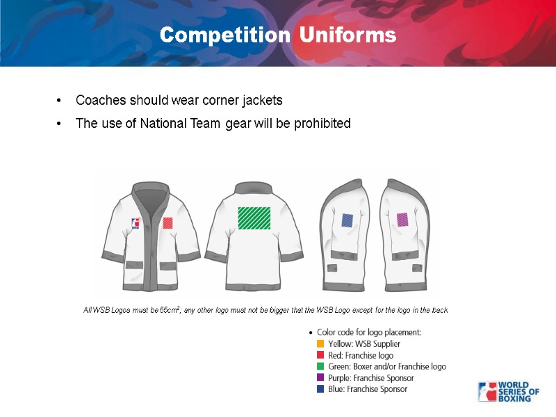 Competition Uniforms Coaches should wear corner jackets The use of National Team gear will